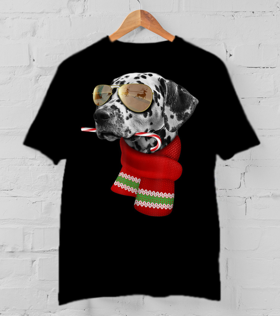 Dalmatian Christmas Dog With Candy Cane And Santa Sunglasses T-Shirt