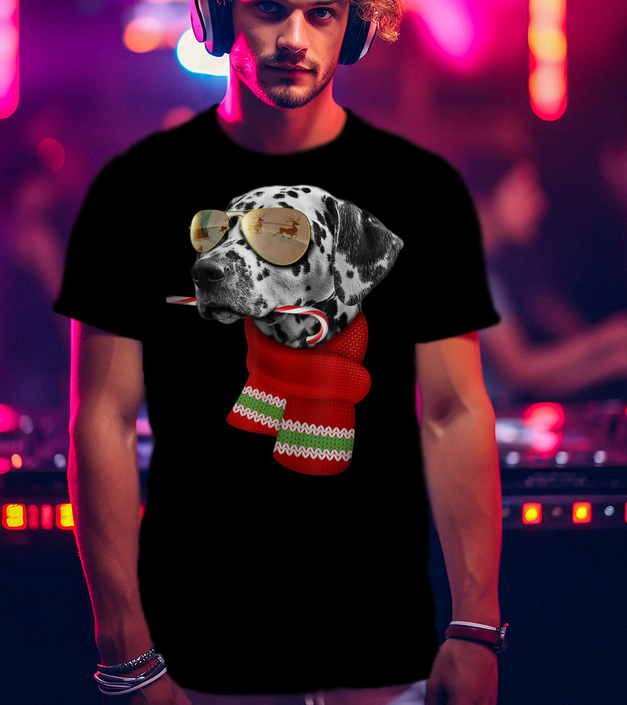 Dalmatian Christmas Dog With Candy Cane And Santa Sunglasses T-Shirt