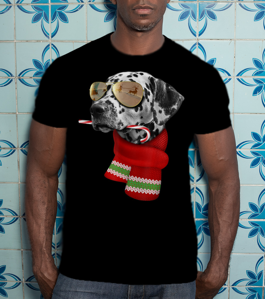 Dalmatian Christmas Dog With Candy Cane And Santa Sunglasses T-Shirt