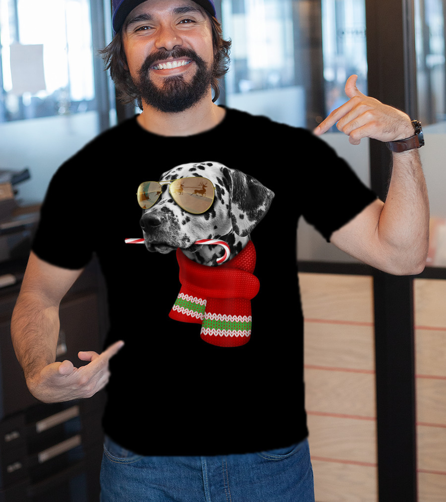 Dalmatian Christmas Dog With Candy Cane And Santa Sunglasses T-Shirt