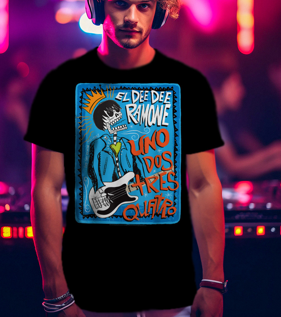 El Dee Dee Ramone Uno Dos Tres Quatro Skull Art With Crown And Heart Guitar T-Shirt