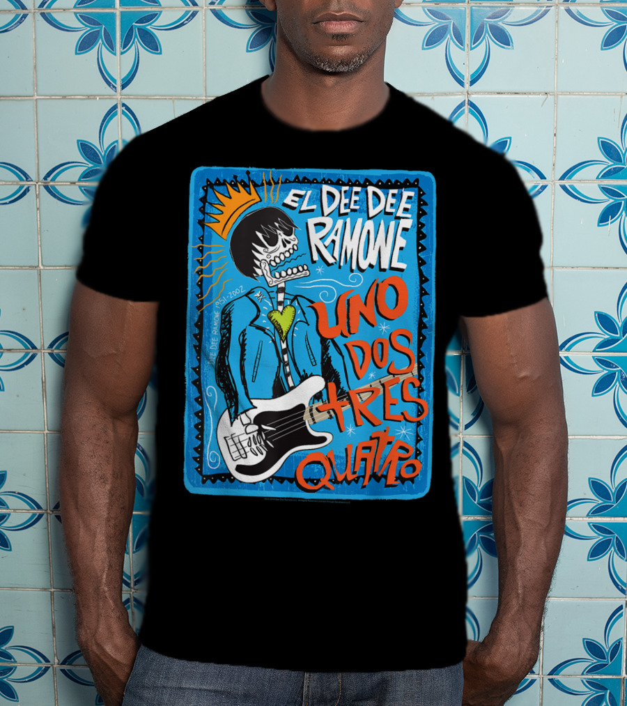 El Dee Dee Ramone Uno Dos Tres Quatro Skull Art With Crown And Heart Guitar T-Shirt