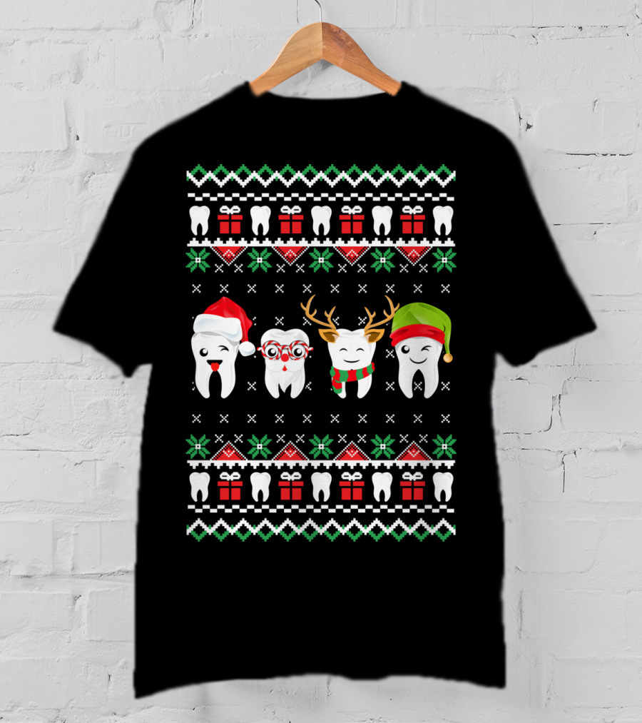 Dentist Ugly Christmas Teeth Santa Reindeer Glasses T-Shirt