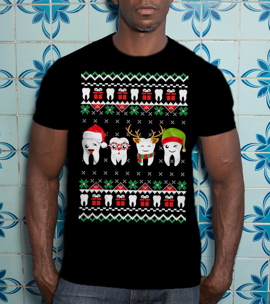 Dentist Ugly Christmas Teeth Santa Reindeer Glasses T-Shirt