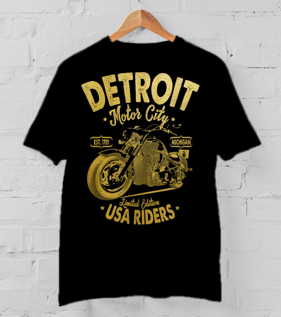 Detroit Motor City Michigan Est. 1701 USA Riders Gold Vintage T-Shirt