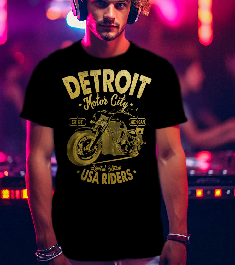 Detroit Motor City Michigan Est. 1701 USA Riders Gold Vintage T-Shirt