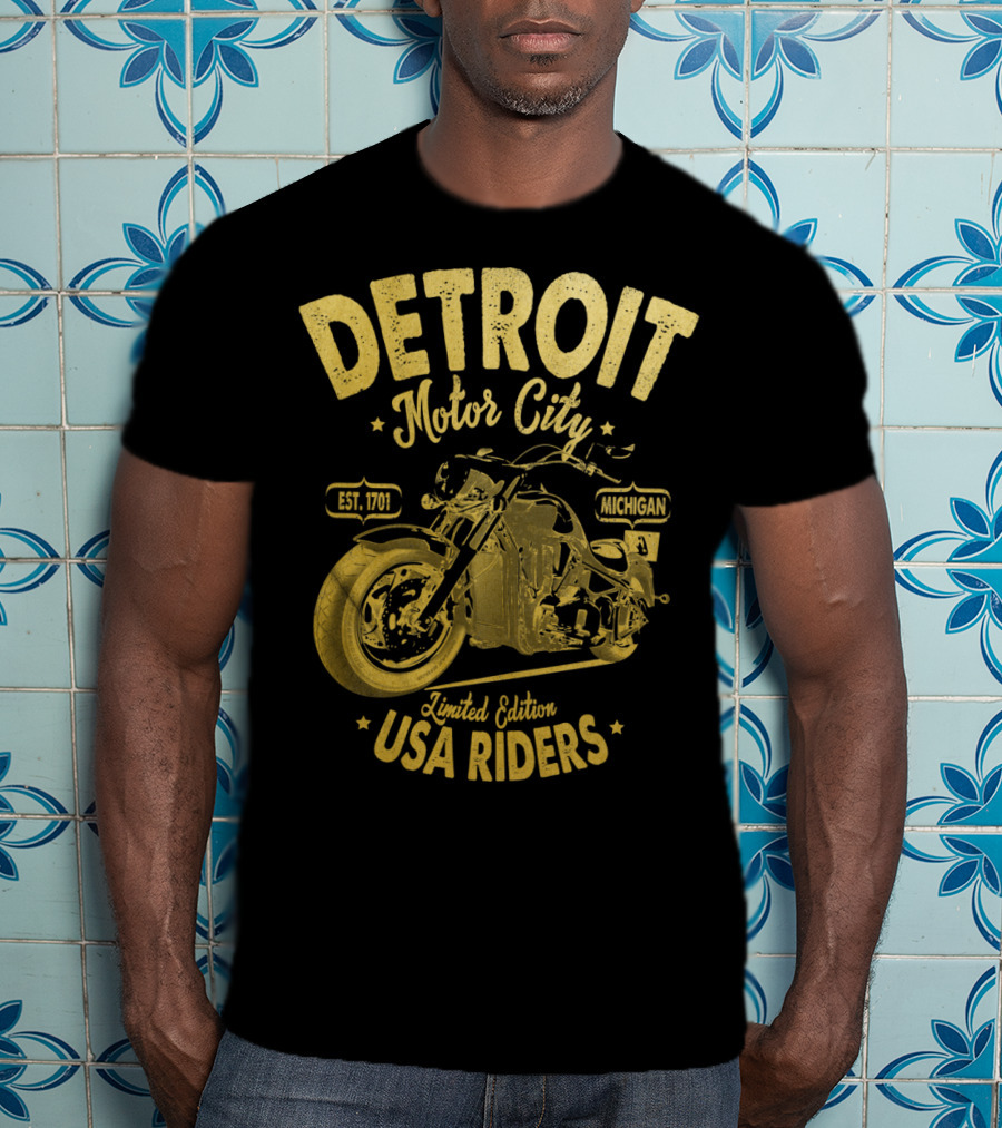 Detroit Motor City Michigan Est. 1701 USA Riders Gold Vintage T-Shirt