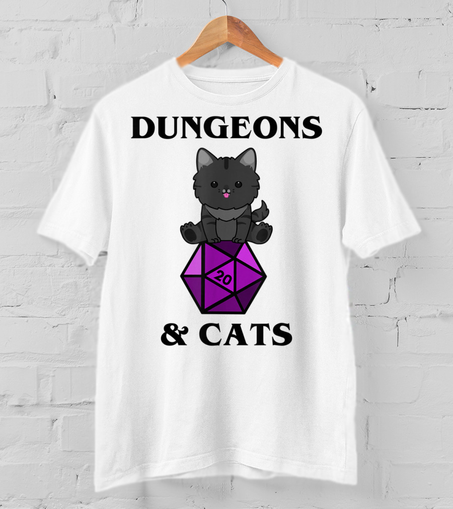 Dungeons And Cats Nerdy RPG Cat Sitting On D20 Dice T-Shirt
