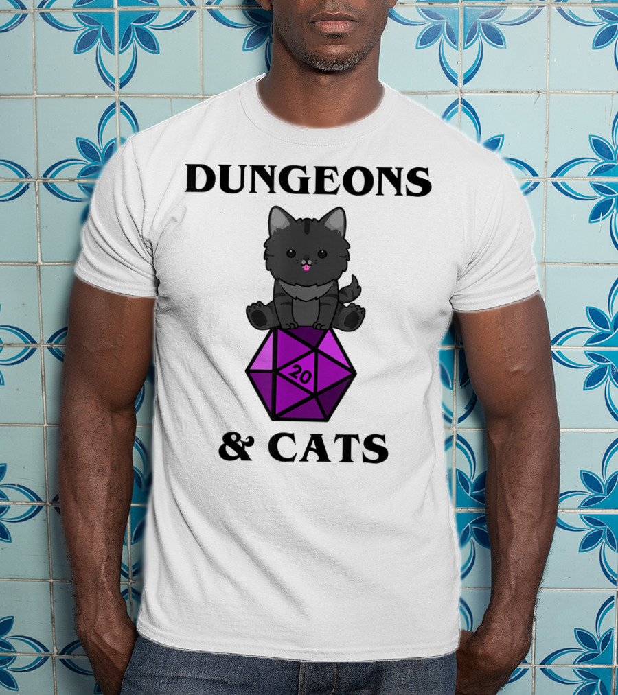 Dungeons And Cats Nerdy RPG Cat Sitting On D20 Dice T-Shirt