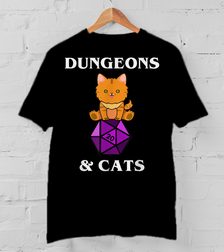 Dungeons And Cats Orange Cat On Purple D20 Dice T-Shirt
