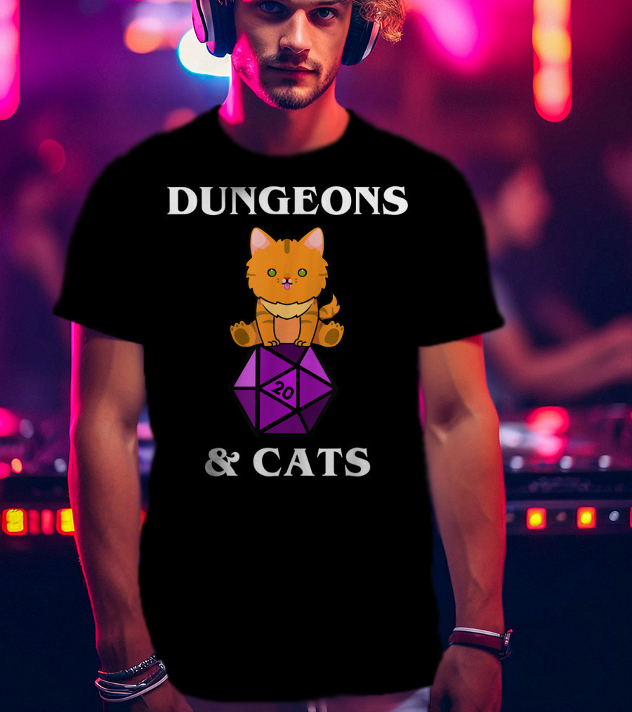Dungeons And Cats Orange Cat On Purple D20 Dice T-Shirt