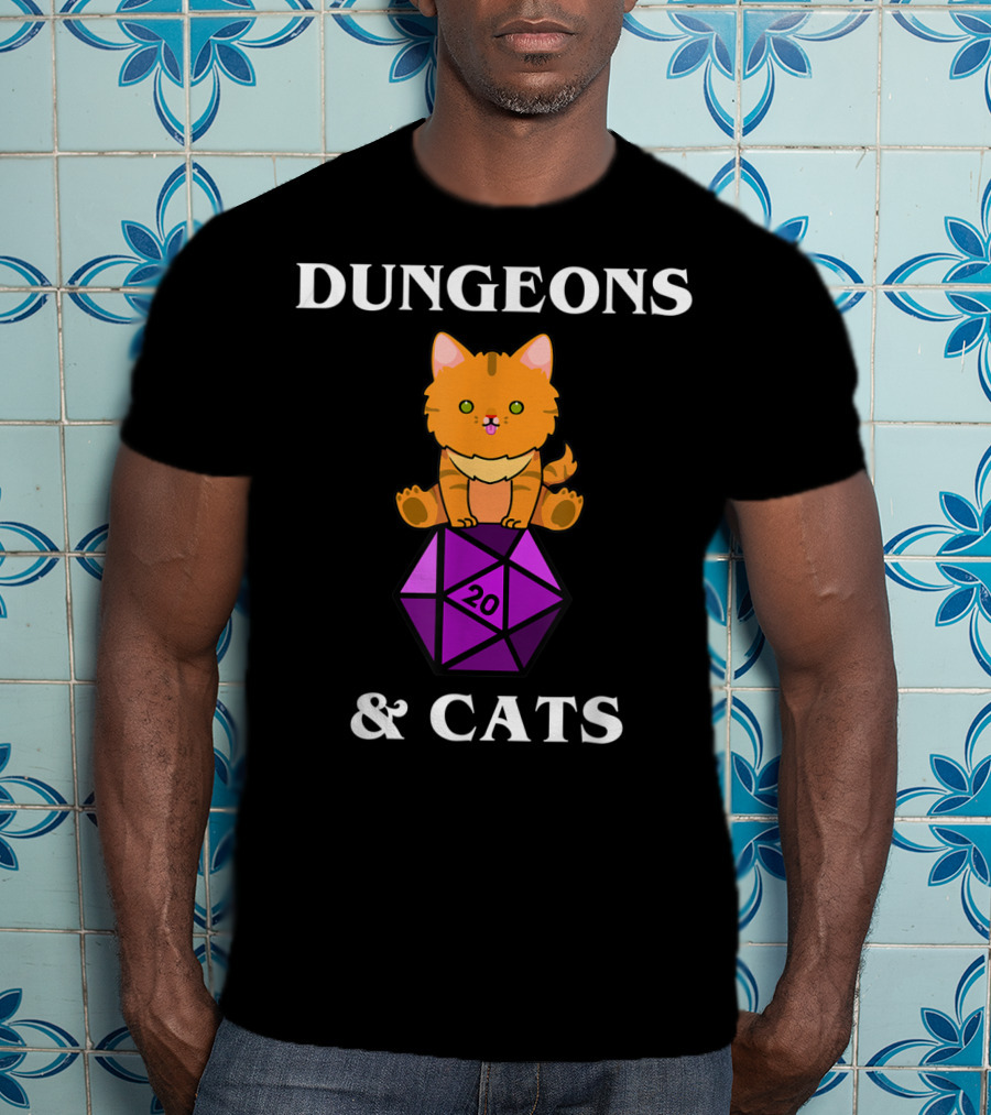 Dungeons And Cats Orange Cat On Purple D20 Dice T-Shirt