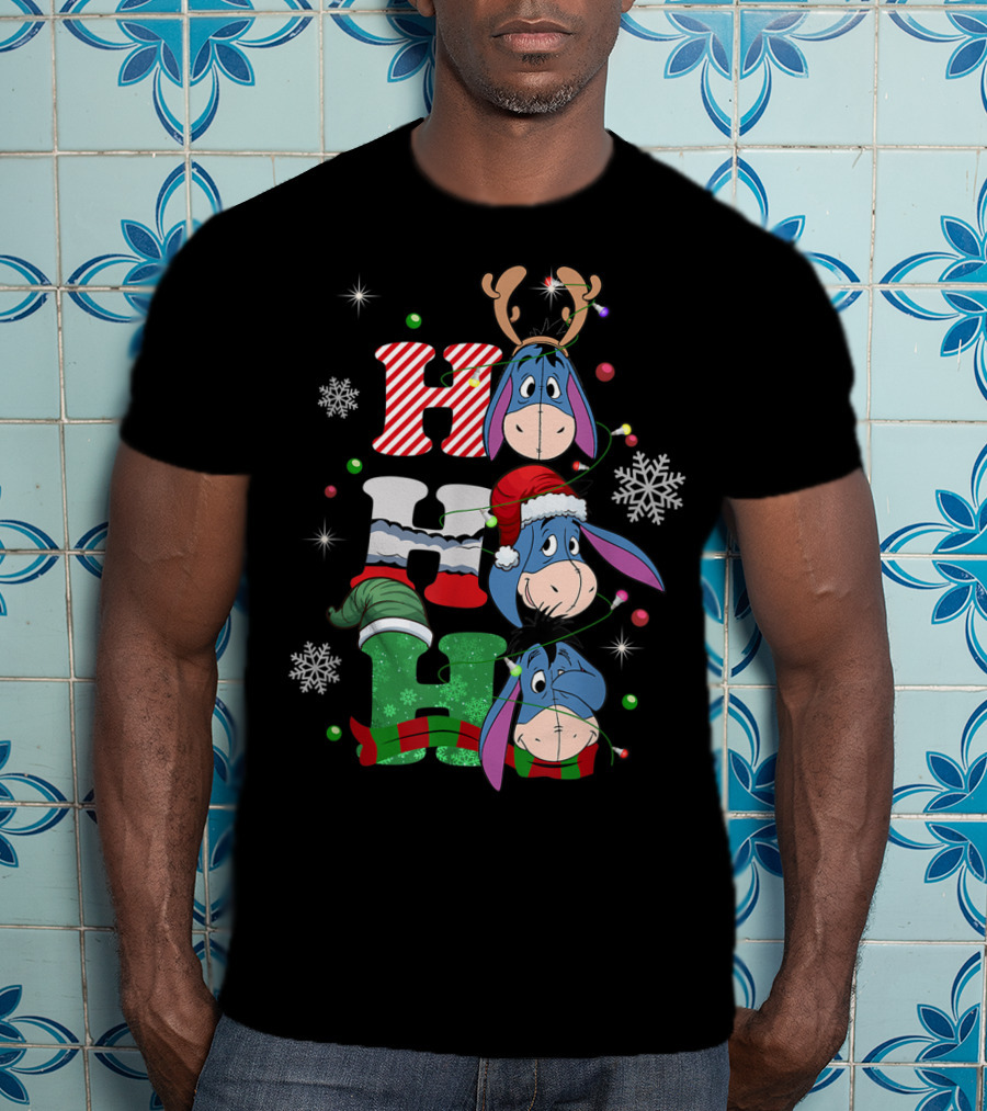 Eeyore Christmas Donkey Santa Reindeer Ho Ho Ho Snowflakes T-Shirt
