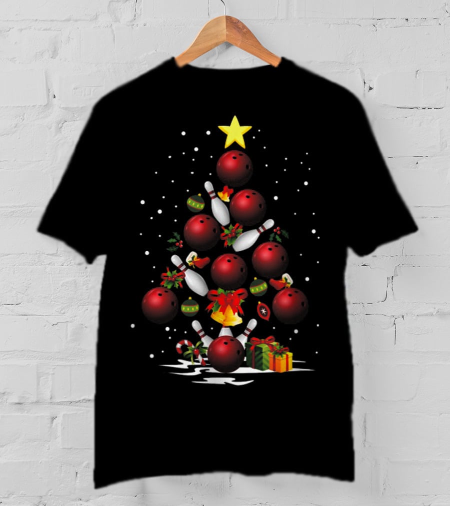 Funny Bowling Christmas Tree Light Bowling Ball Ornaments Star Pin Gifts T-Shirt