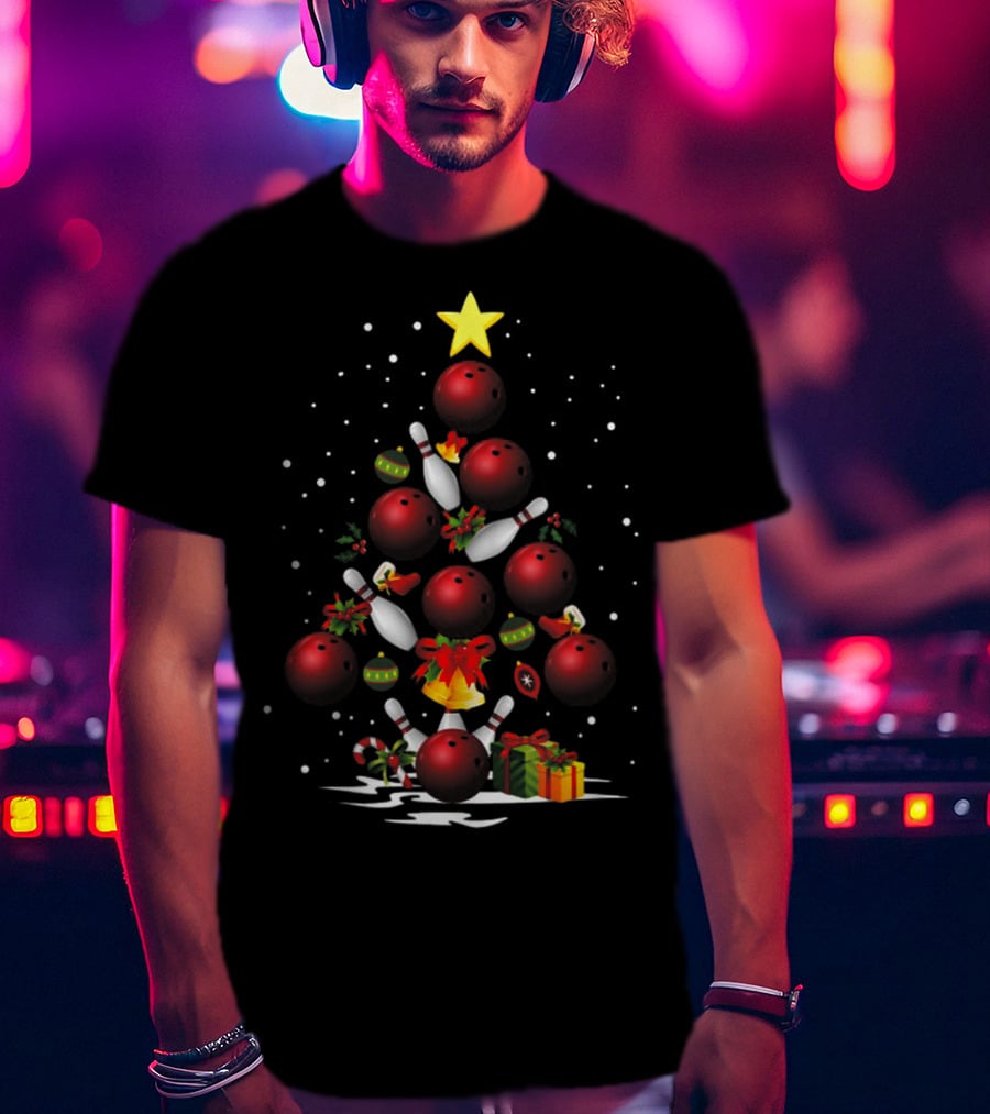 Funny Bowling Christmas Tree Light Bowling Ball Ornaments Star Pin Gifts T-Shirt