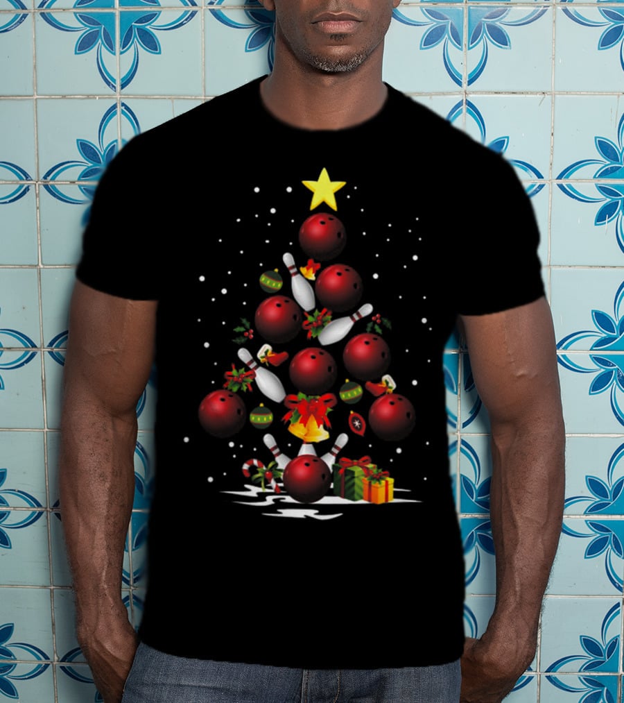 Funny Bowling Christmas Tree Light Bowling Ball Ornaments Star Pin Gifts T-Shirt
