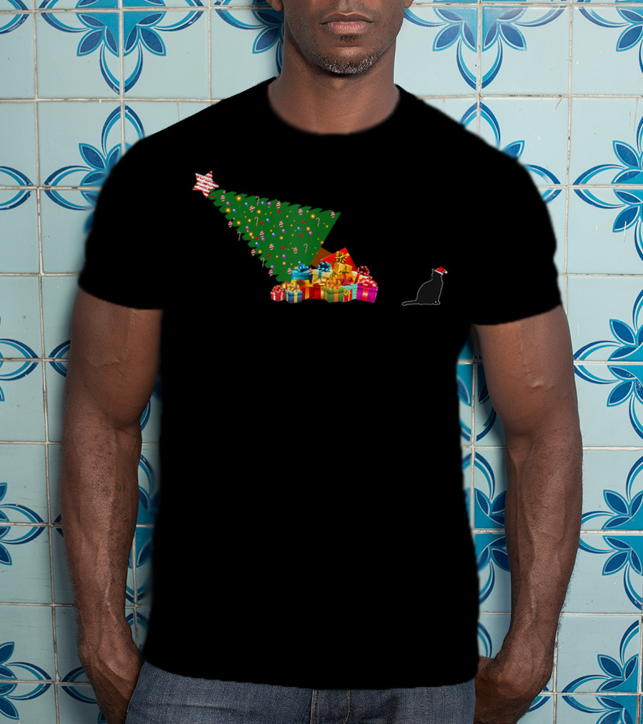 Funny Cat Topples Christmas Tree With Santa Hat T-Shirt