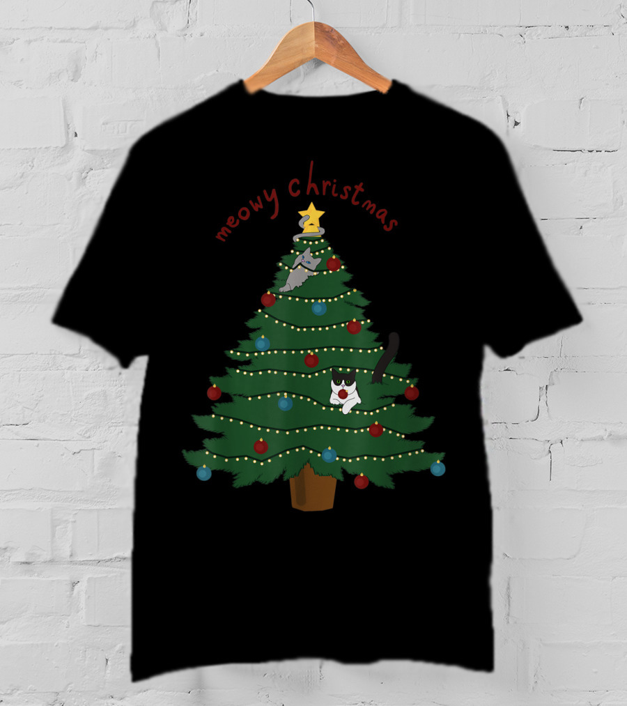 Meowy Christmas Funny Cats In Christmas Tree T-Shirt