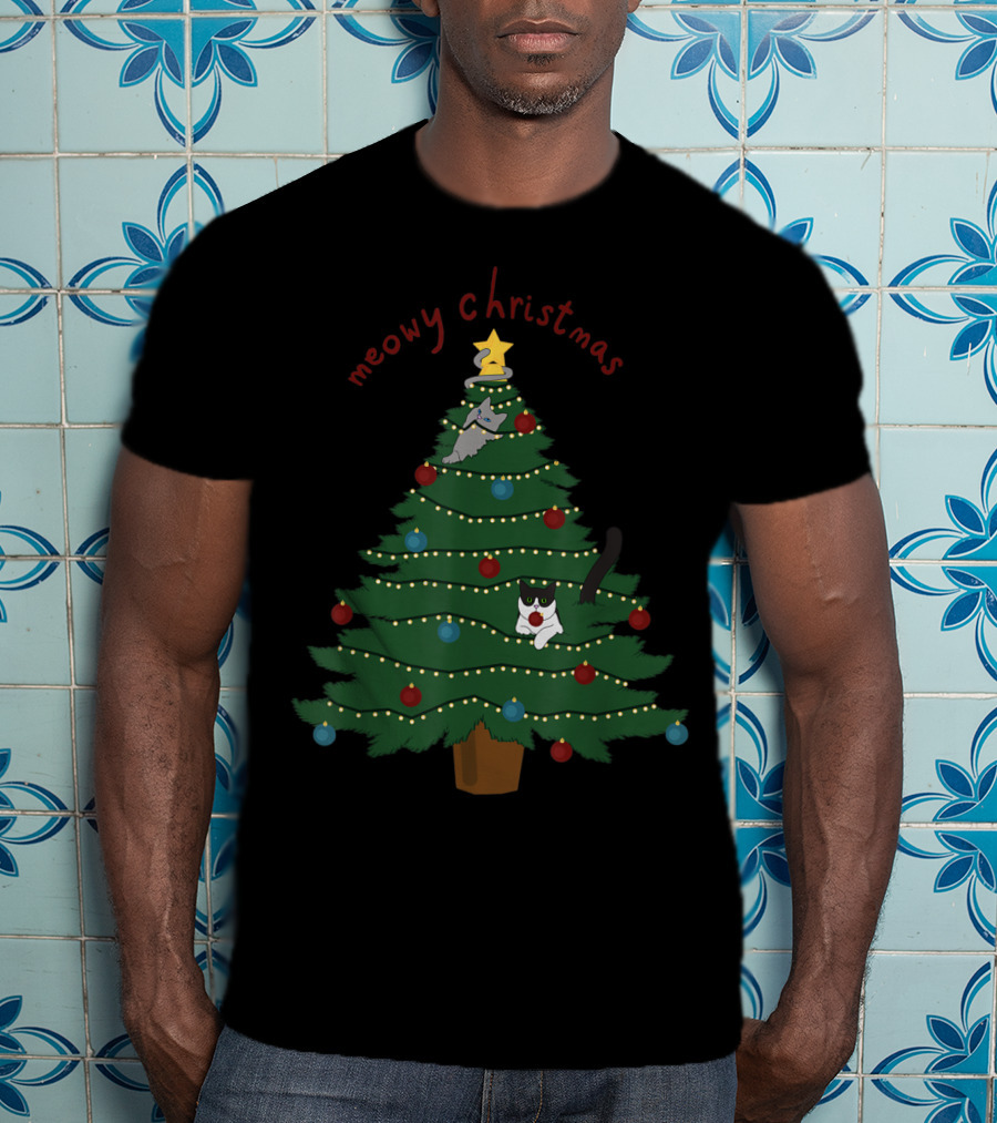 Meowy Christmas Funny Cats In Christmas Tree T-Shirt