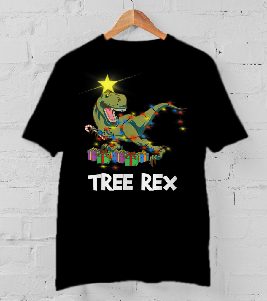 Tree Rex Christmas Dinosaur With Star And Gift Lights T-Shirt