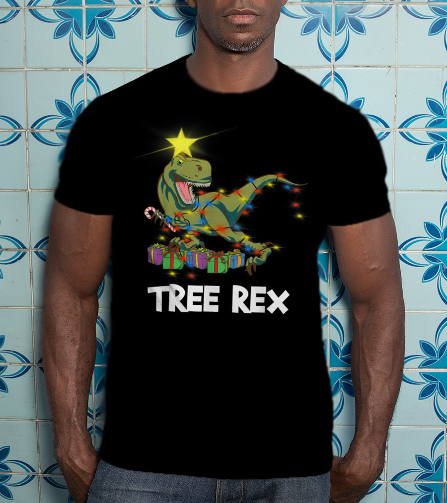 Tree Rex Christmas Dinosaur With Star And Gift Lights T-Shirt