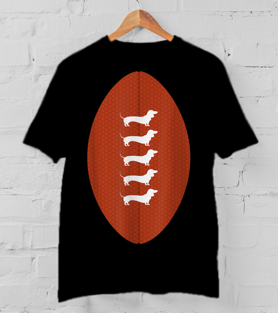 Funny Dachshund Wiener Dog Football Oval Five White Silhouettes On Textured Brown Background T-Shirt