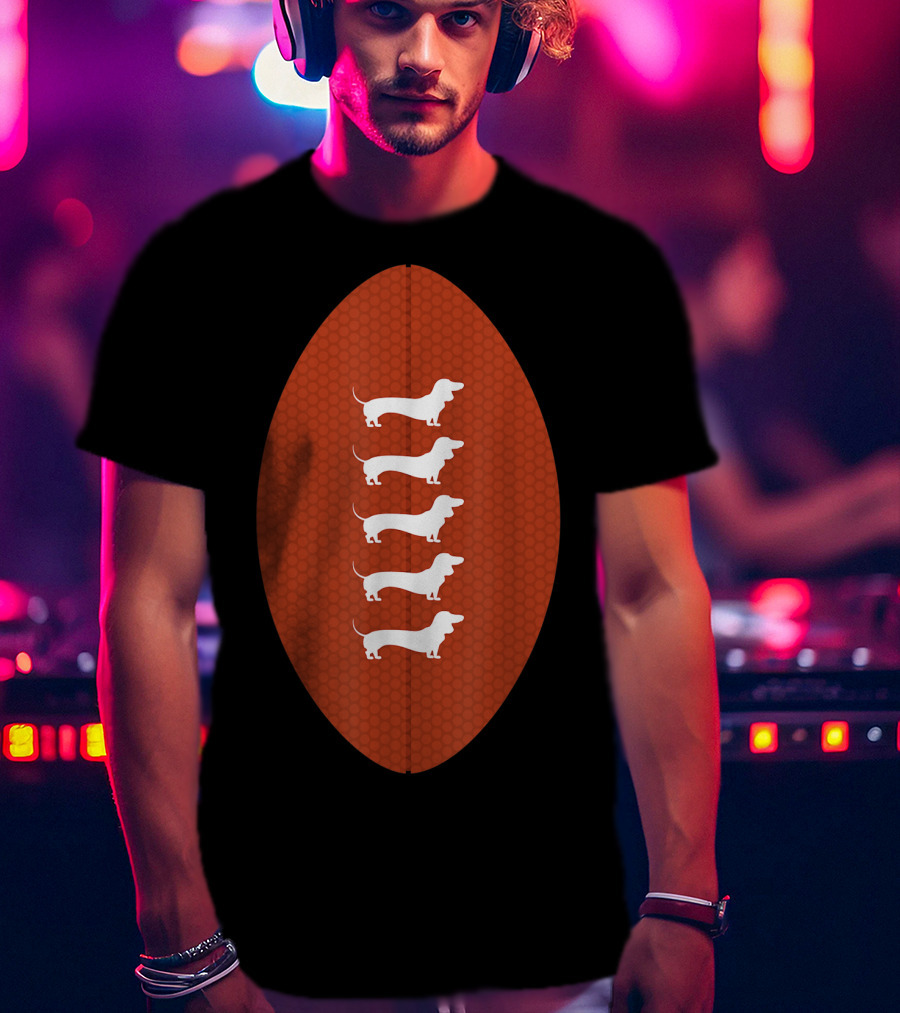 Funny Dachshund Wiener Dog Football Oval Five White Silhouettes On Textured Brown Background T-Shirt