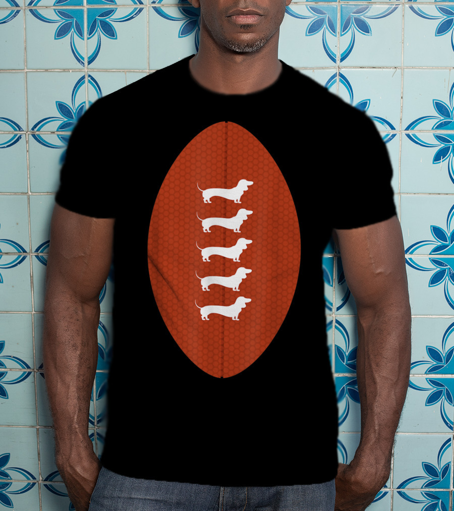 Funny Dachshund Wiener Dog Football Oval Five White Silhouettes On Textured Brown Background T-Shirt
