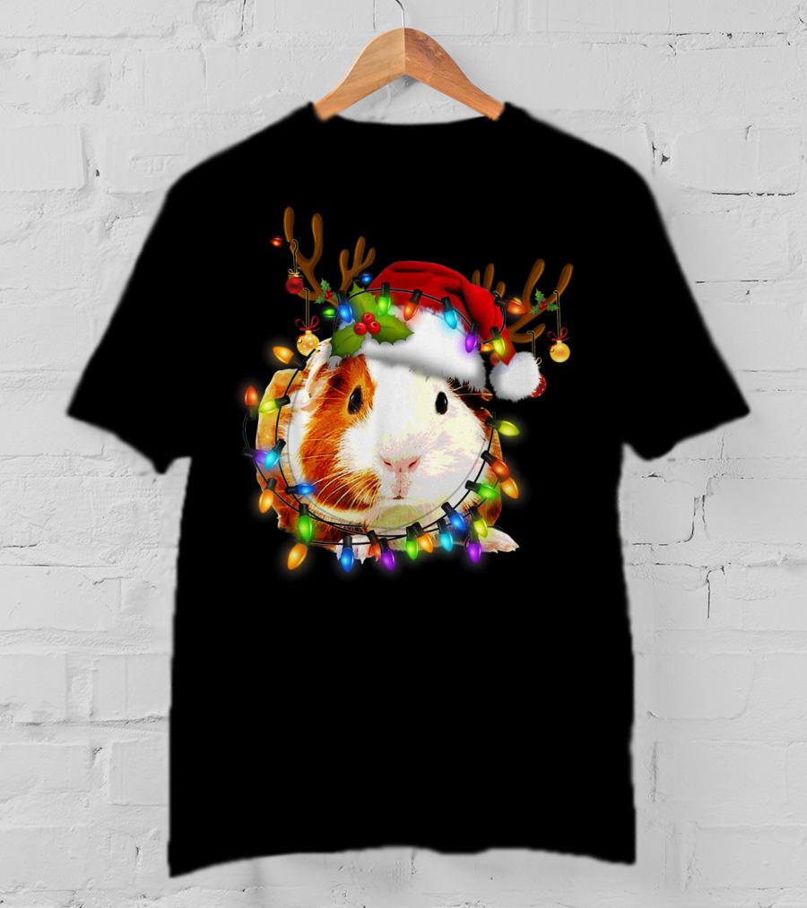Guinea Pig With Christmas Lights And Reindeer Antlers In Santa Hat T-Shirt