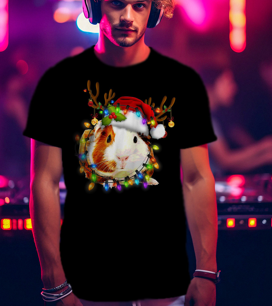 Guinea Pig With Christmas Lights And Reindeer Antlers In Santa Hat T-Shirt