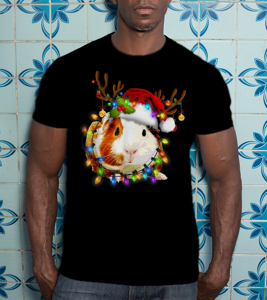 Guinea Pig With Christmas Lights And Reindeer Antlers In Santa Hat T-Shirt