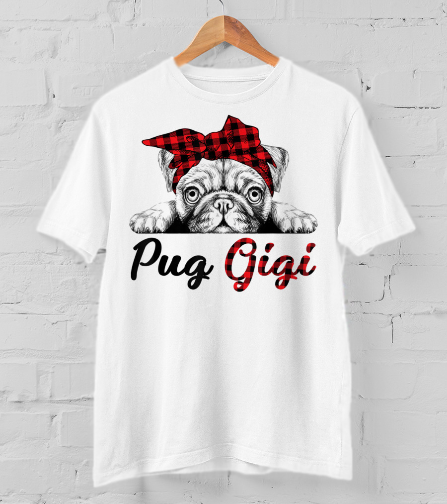 Pug Gigi Red Plaid Headband T-Shirt