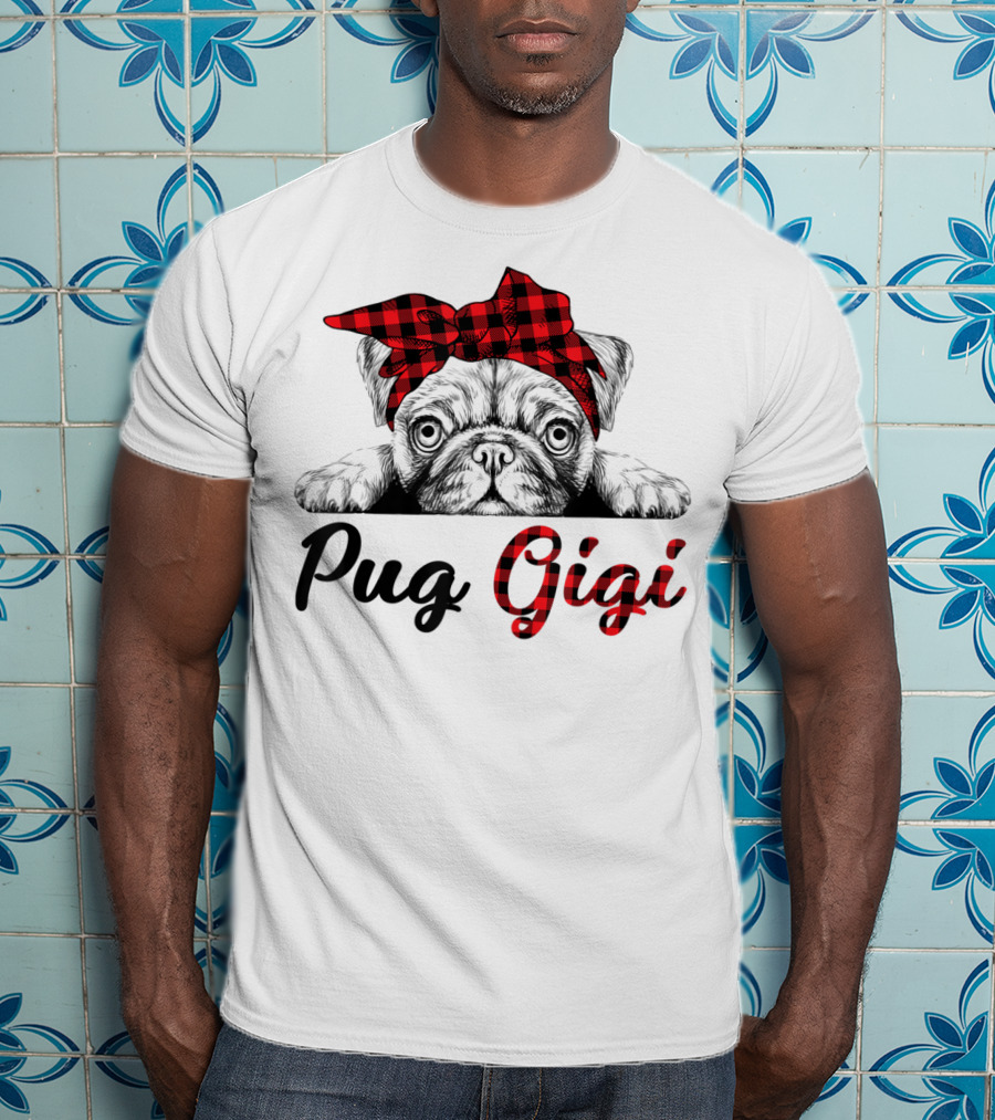 Pug Gigi Red Plaid Headband T-Shirt