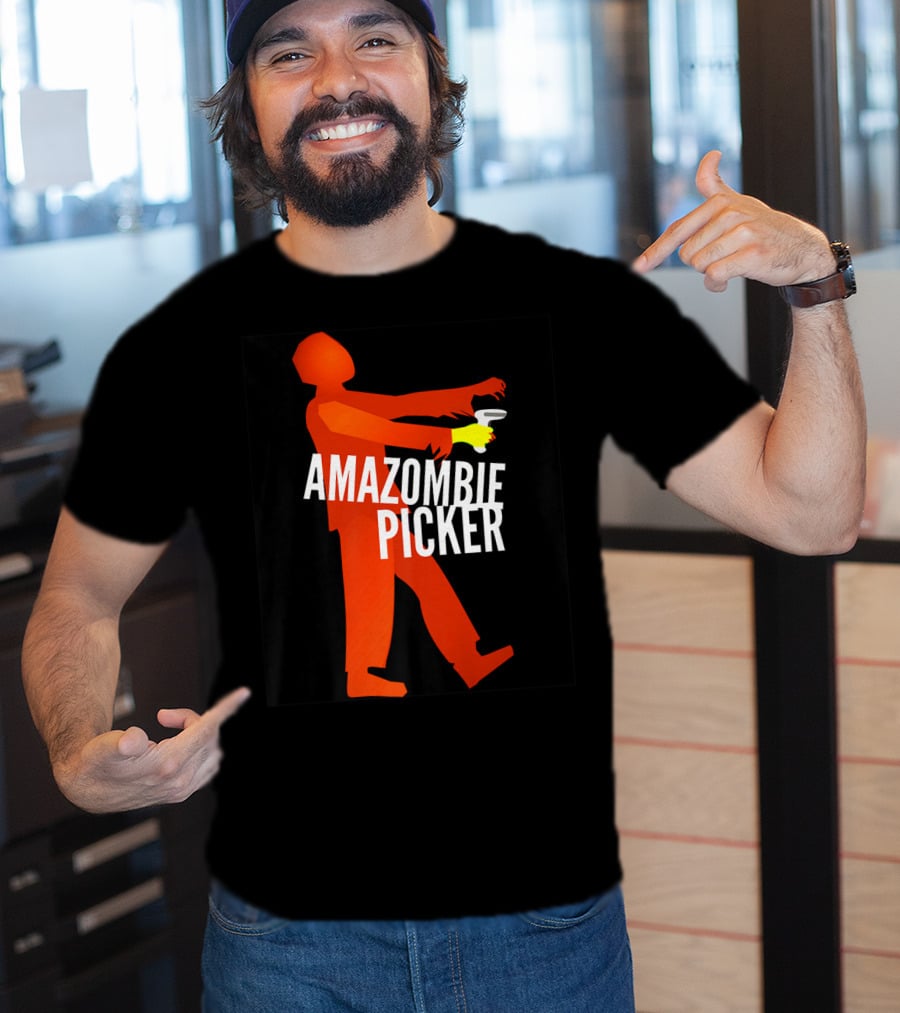 Amazombie Picker Walking Zombie Silhouette With Coffee Cup T-Shirt