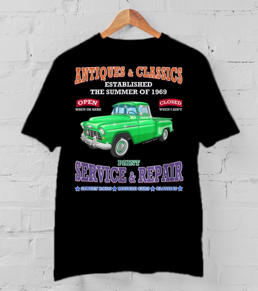 Antiques And Classics Established 1969 Green Truck Service Repair Street Rods Muscle Cars Classics T-Shirt