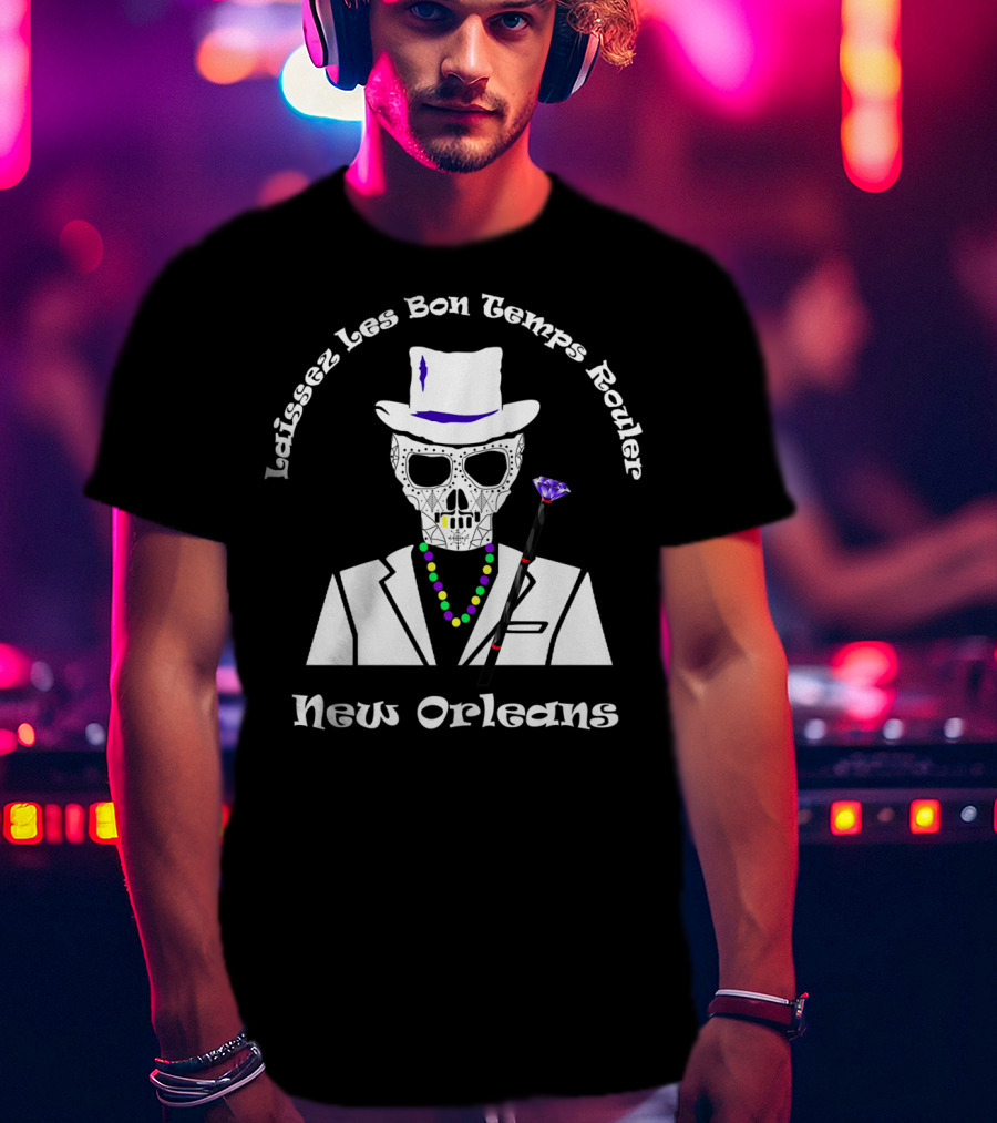 Laissez Les Bon Temps Rouler New Orleans Baron Samedi Skull Cane Beads T-Shirt