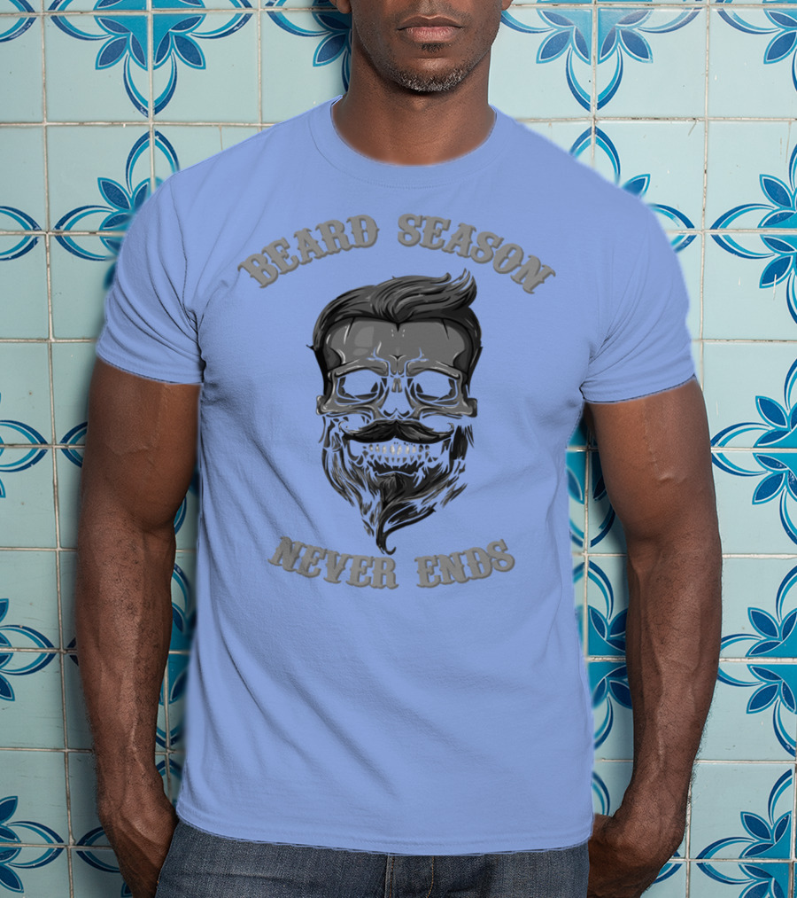Beard Season Never Ends Skull With Mustache And Hair T-Shirt