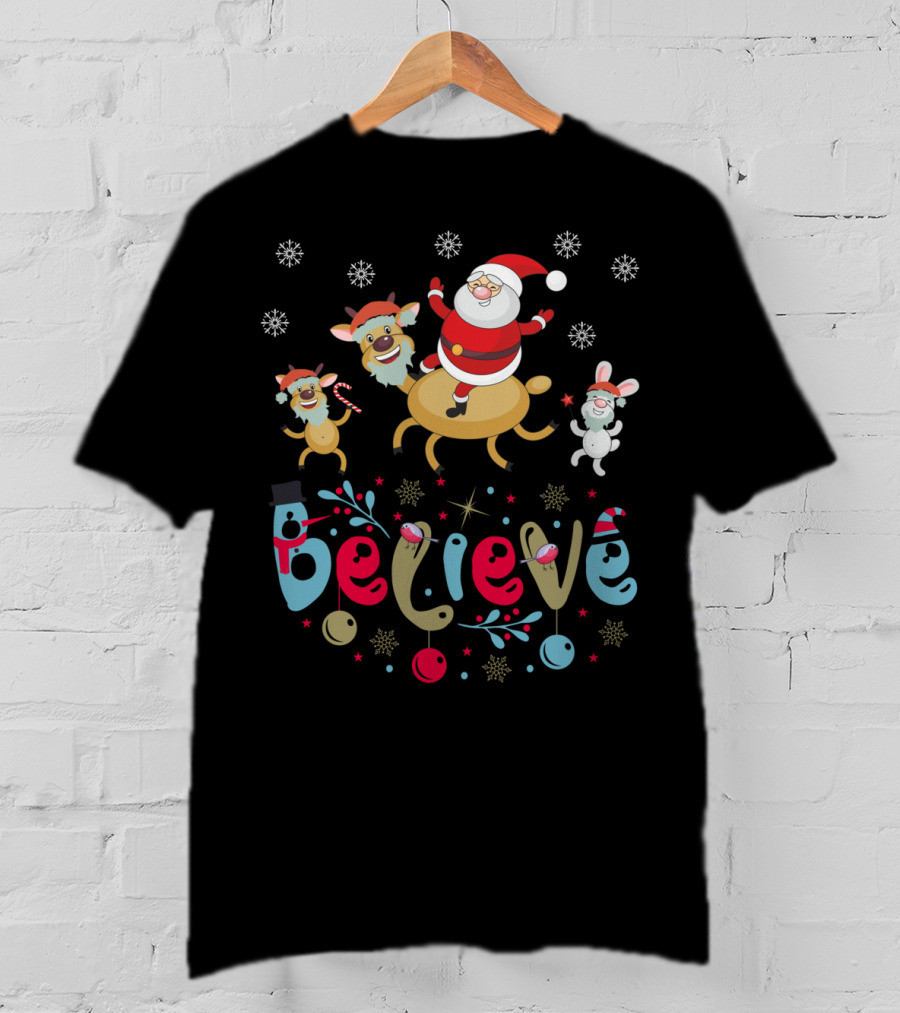 Believe Christmas Santa Claus Reindeer Rabbit Snowflakes T-Shirt