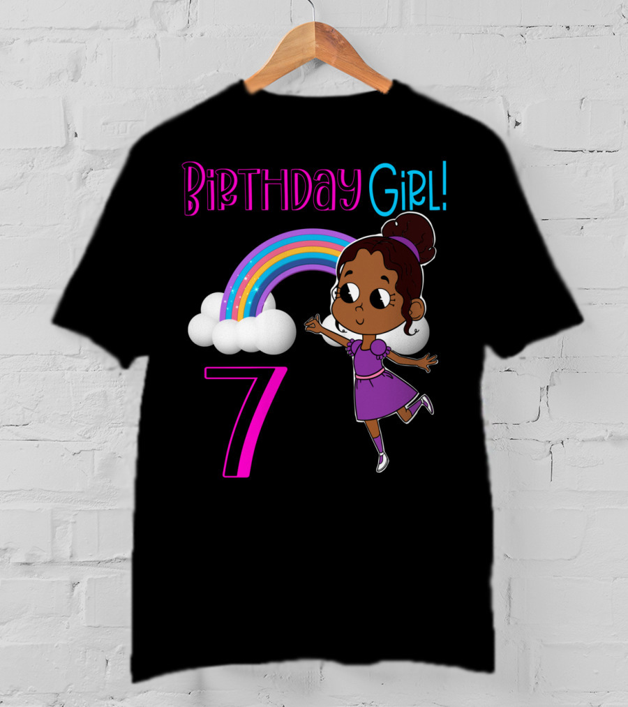 Birthday Girl 7 African American With Rainbow And Dancing Child T-Shirt