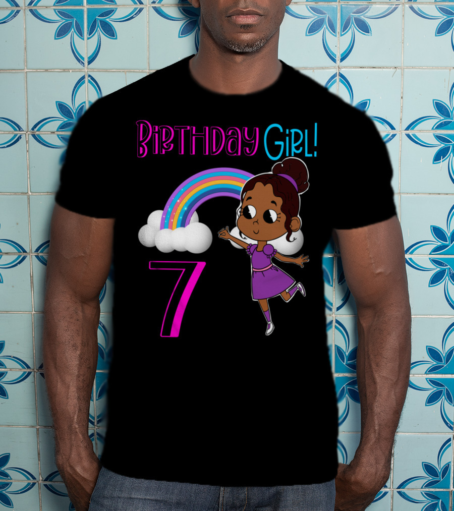 Birthday Girl 7 African American With Rainbow And Dancing Child T-Shirt