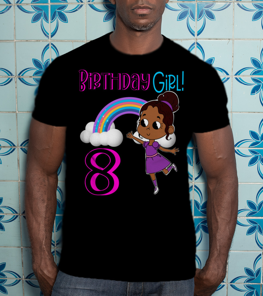 Birthday Girl 8 Rainbow Celebration With African American Cartoon Kid T-Shirt