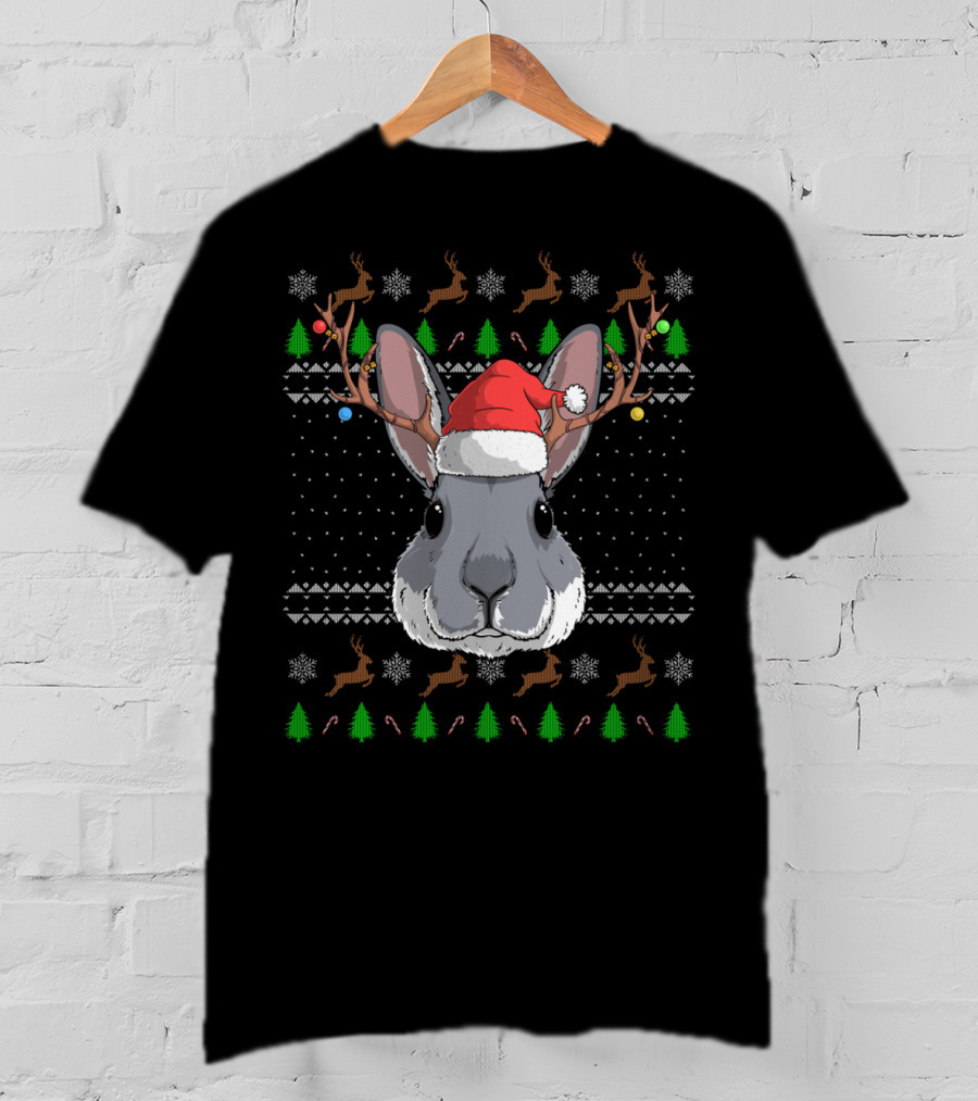 Bunny Rabbit Wearing Santa Claus Hat With Antler Reindeer And Christmas Trees T-Shirt