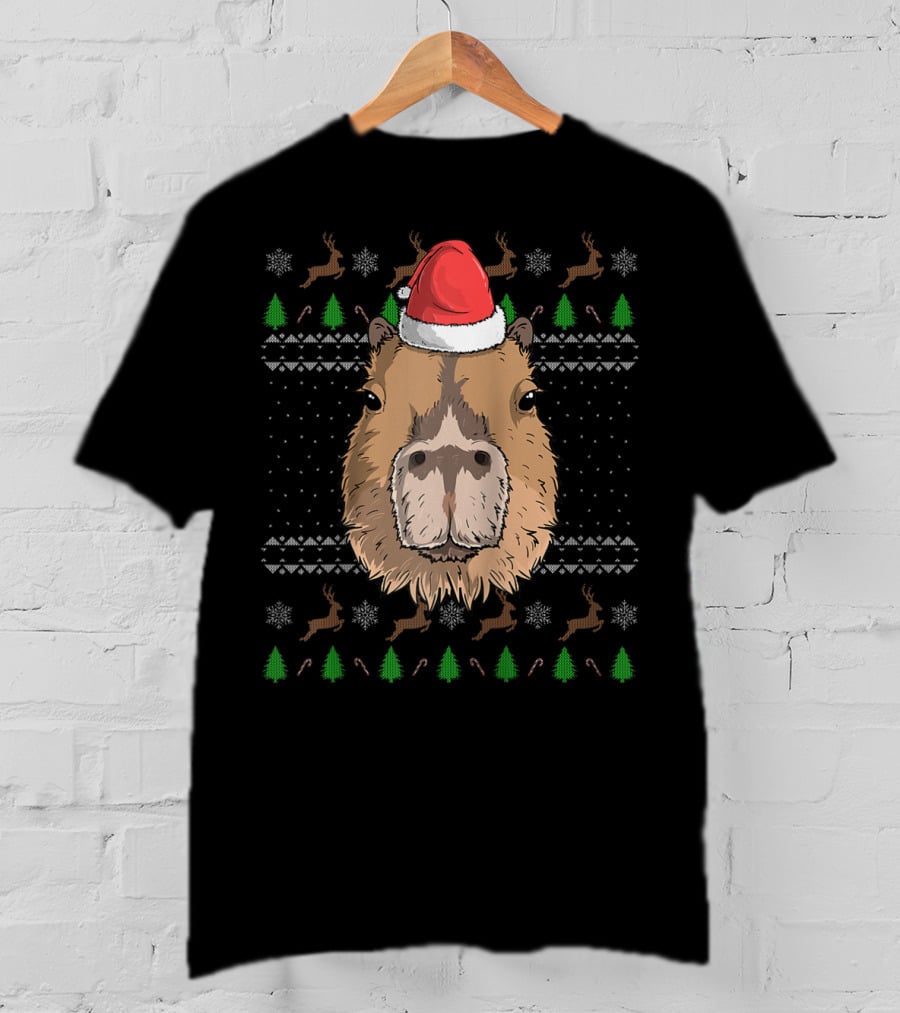 Capybara With Santa Claus Hat In Christmas Theme With Reindeer And Trees T-Shirt