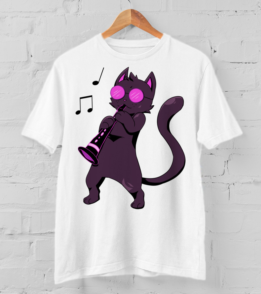 Clarinet Playing Cool Cat Hippy Hipster Kitty With Sunglasses T-Shirt