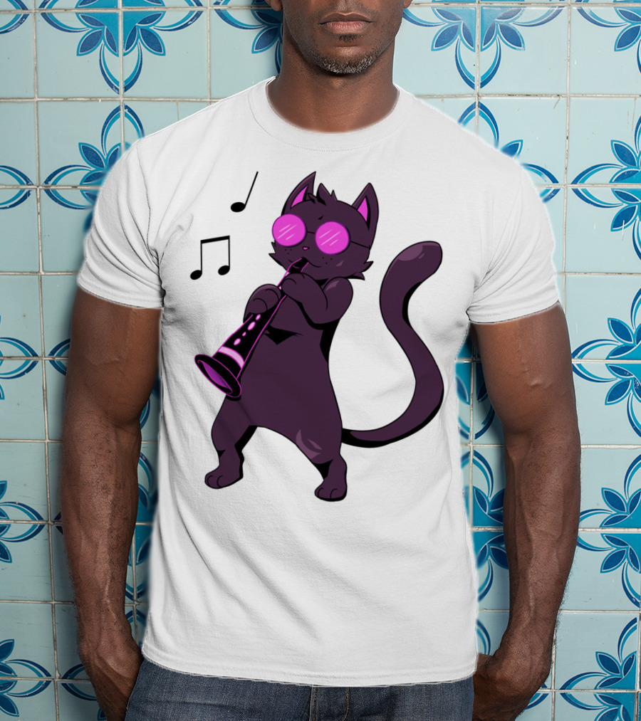 Clarinet Playing Cool Cat Hippy Hipster Kitty With Sunglasses T-Shirt