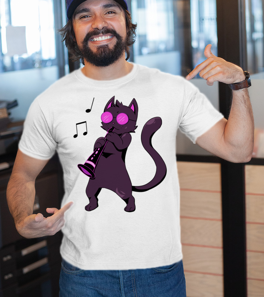 Clarinet Playing Cool Cat Hippy Hipster Kitty With Sunglasses T-Shirt