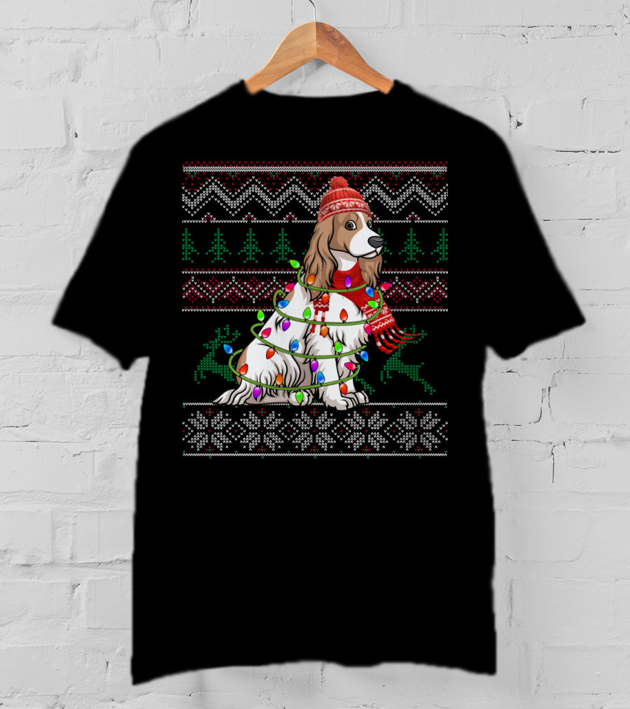 Cocker Spaniel Holiday Sweater With Christmas Lights And Reindeer T-Shirt