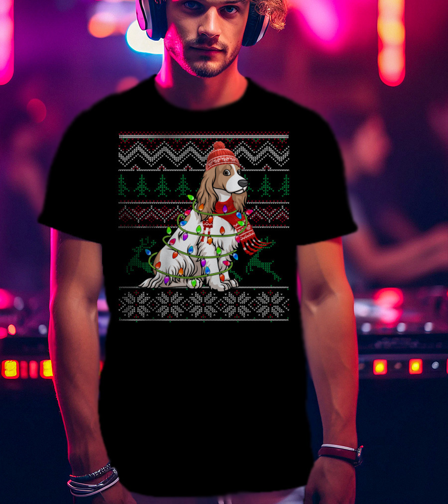 Cocker Spaniel Holiday Sweater With Christmas Lights And Reindeer T-Shirt
