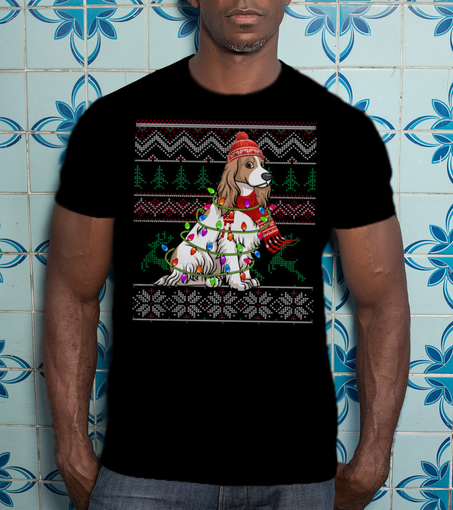 Cocker Spaniel Holiday Sweater With Christmas Lights And Reindeer T-Shirt