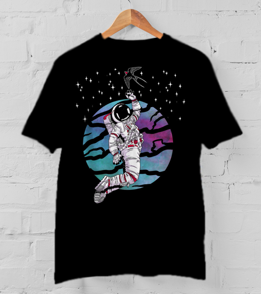 Cosmic Apparition Astronaut Reaches For Celestial Bird In Starry Universe T-Shirt